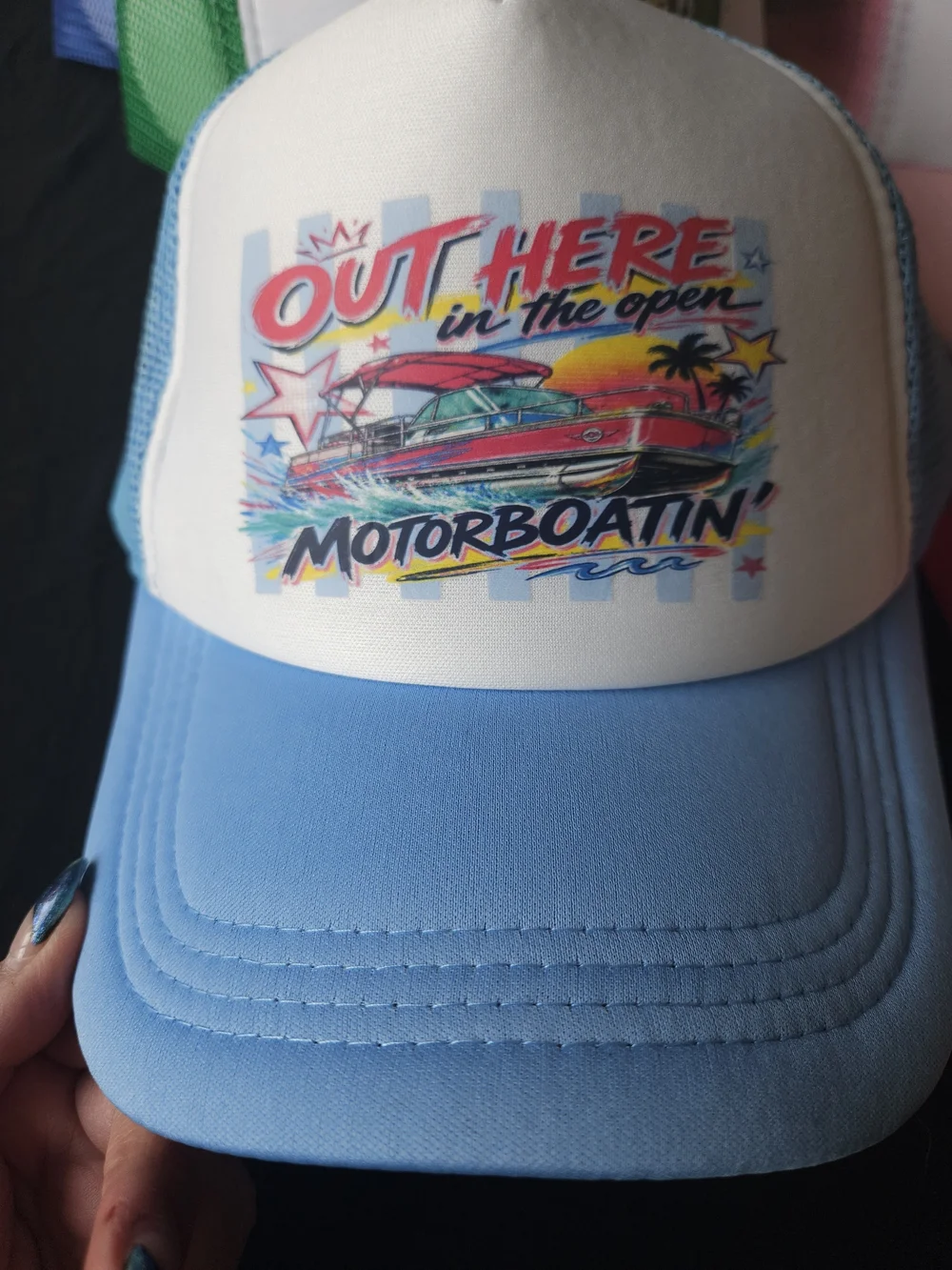 Handmade Out Here Motorboatin' Light Weight Trucker Hat - Light Blue & White